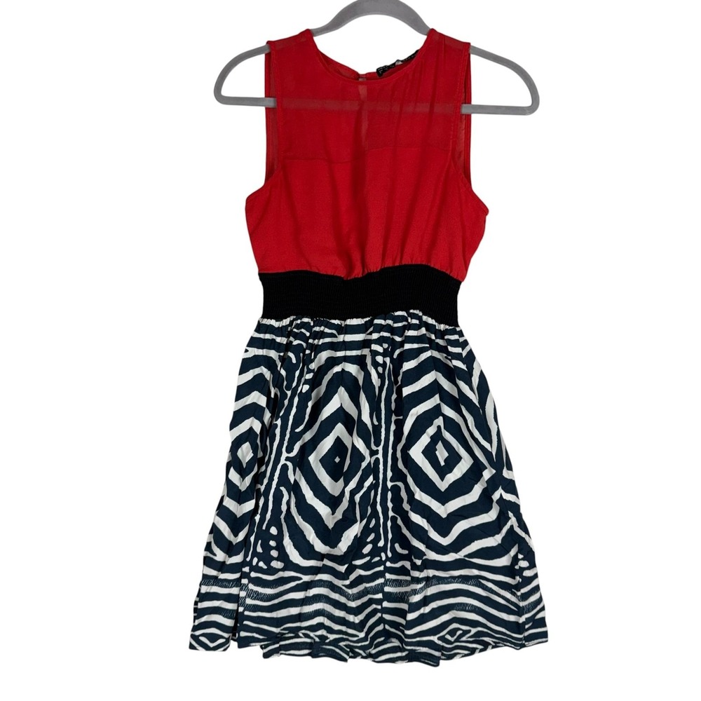 ZARA BASIC Dress Womens S Red Geometric Fit & Flare Sleeveless Sundress Boho